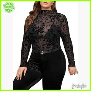 Plus Size Floral Jacquard Mesh Top Long Sleeve Mock Neck Sheer